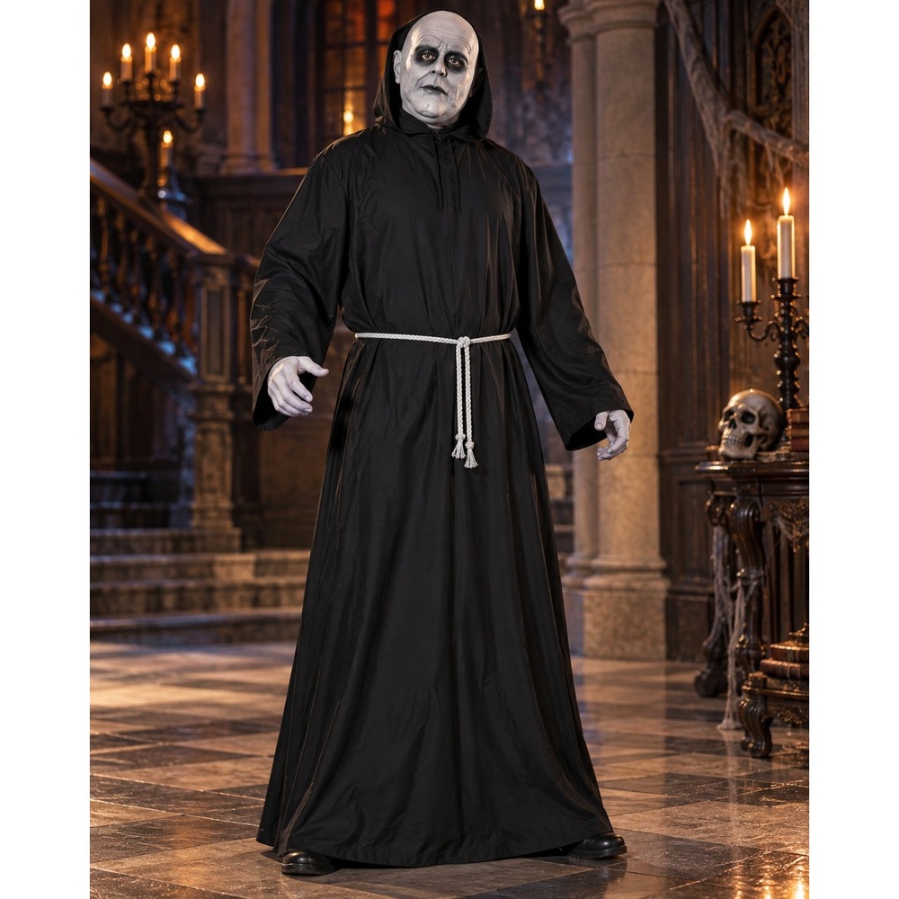 The Addams Family Uncle Fester Adult Costume Mens XL Hooded Robe Mask Belt  NWT